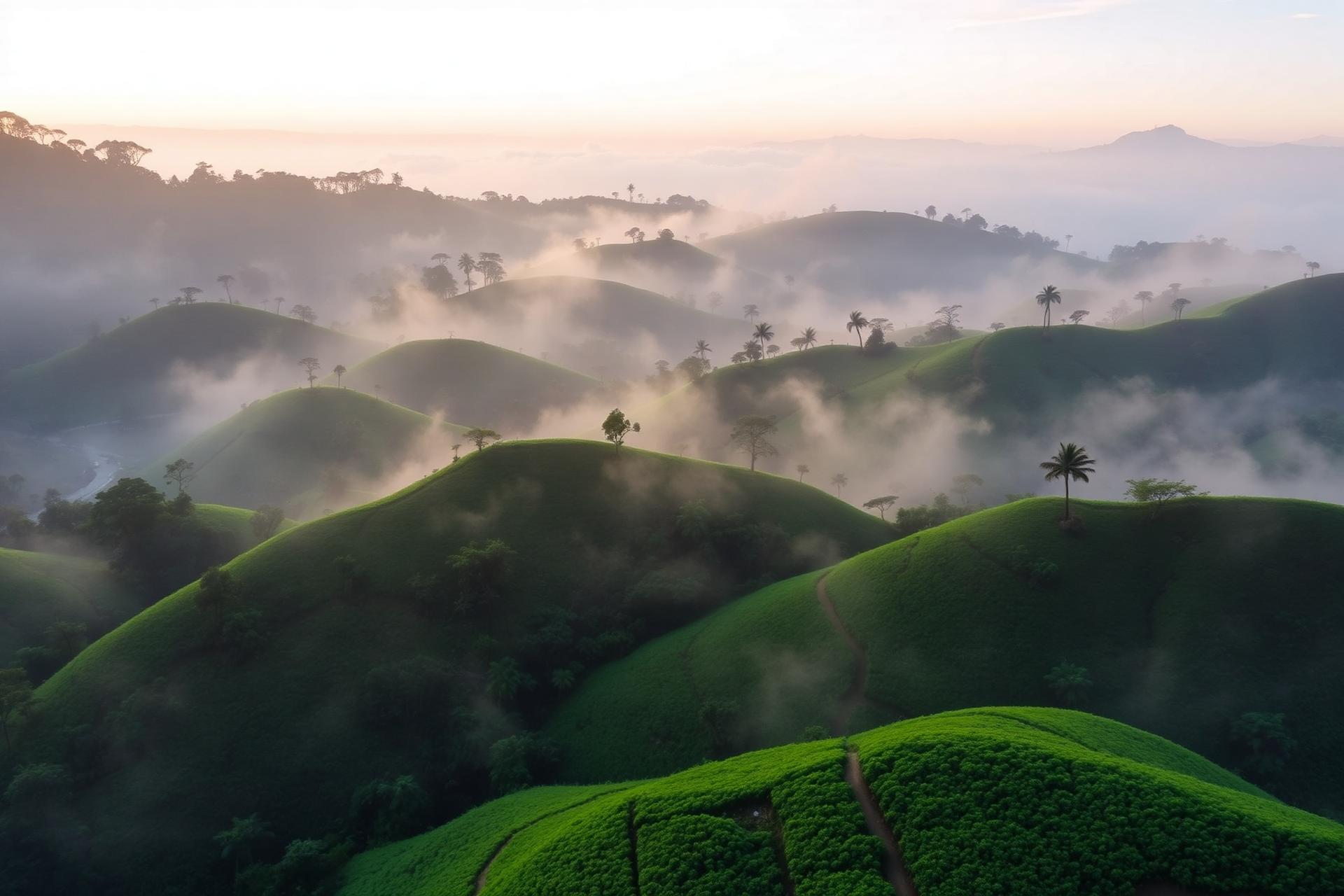 Misty green hills of Wayanad at dawn